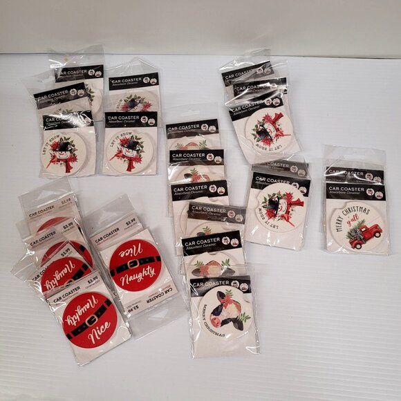 Car Coaster Lot 24 Ceramic Absorbent Christmas Holiday 3'' Cow Snowman Truck - Picture 1 of 9